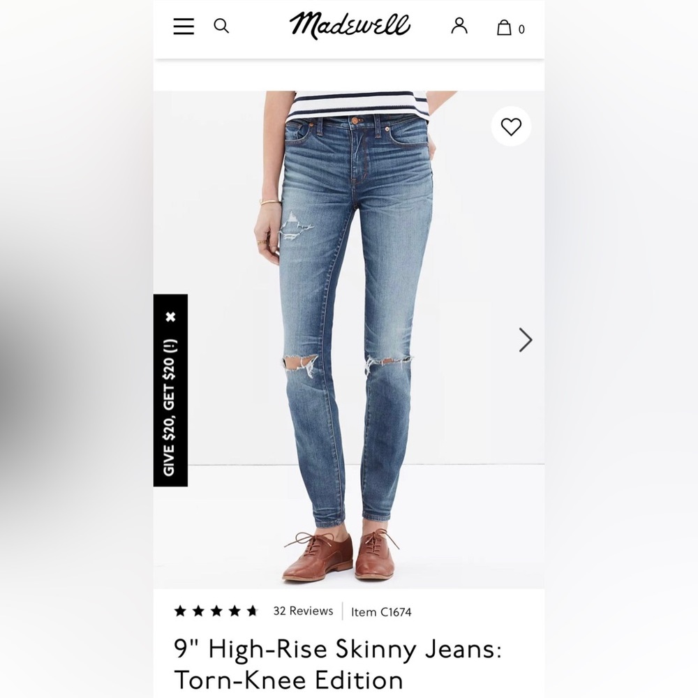 Madewell 9" high riser skinny jeans torn knees edition. Size 26.
